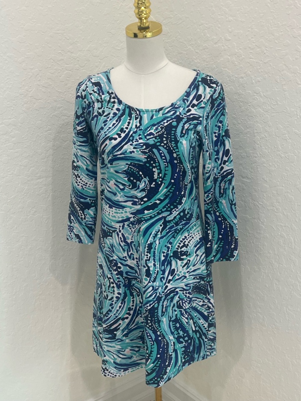 Women's Blue Wave-Print Scoop Neck Dress
